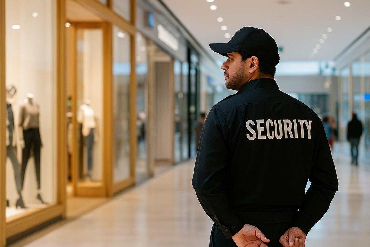 Commercial security officer patrolling a business property