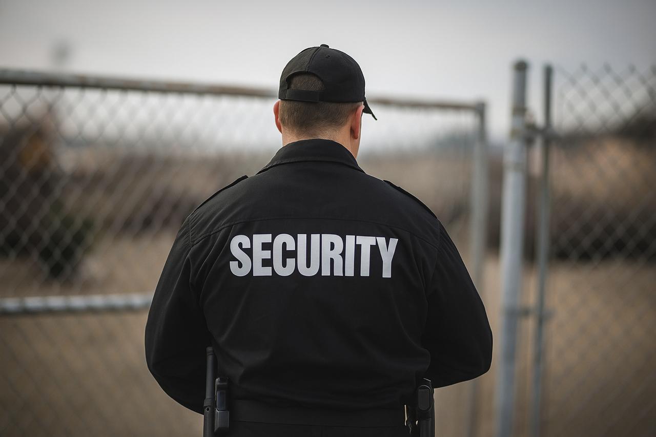 Professional security guards standing in front of a modern corporate building